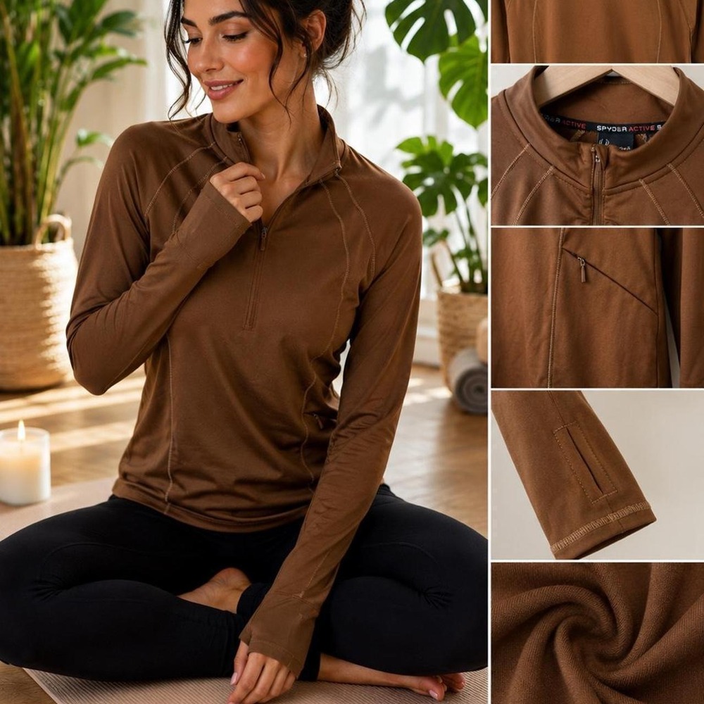 Spyder Pullover Womens Large Brown Quarter Zip Activewear Thumbhole Athletic Top